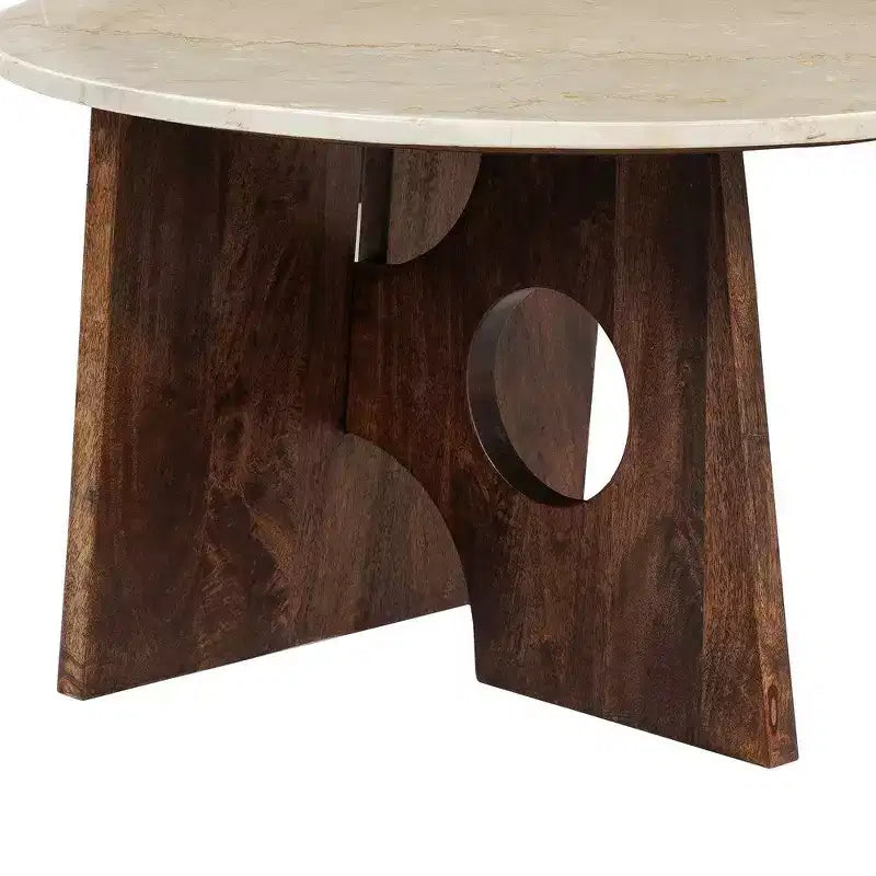 Table basse Royal Hampton, dessus en marbre rond naturel de 27 pouces, base sculpturale en bois de manguier