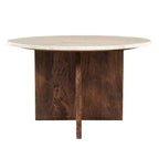 Table basse Royal Hampton, dessus en marbre rond naturel de 27 pouces, base sculpturale en bois de manguier