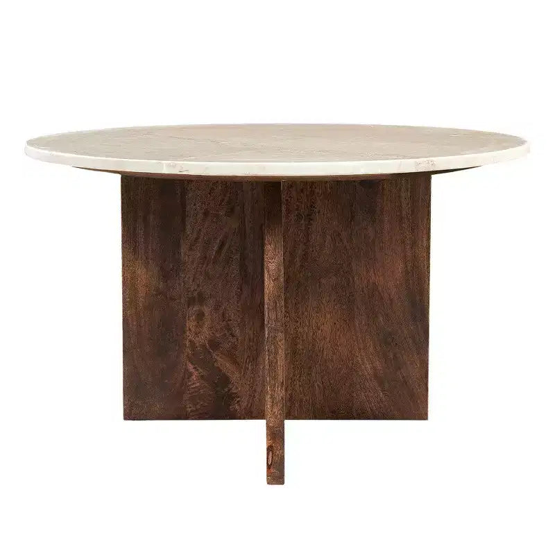 Table basse Royal Hampton, dessus en marbre rond naturel de 27 pouces, base sculpturale en bois de manguier