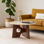 Table basse Royal Hampton, dessus en marbre rond naturel de 27 pouces, base sculpturale en bois de manguier