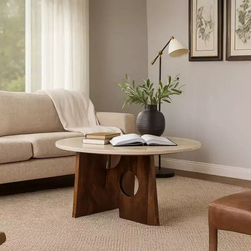 Table basse Royal Hampton, dessus en marbre rond naturel de 27 pouces, base sculpturale en bois de manguier