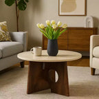 Table basse Royal Hampton, dessus en marbre rond naturel de 27 pouces, base sculpturale en bois de manguier