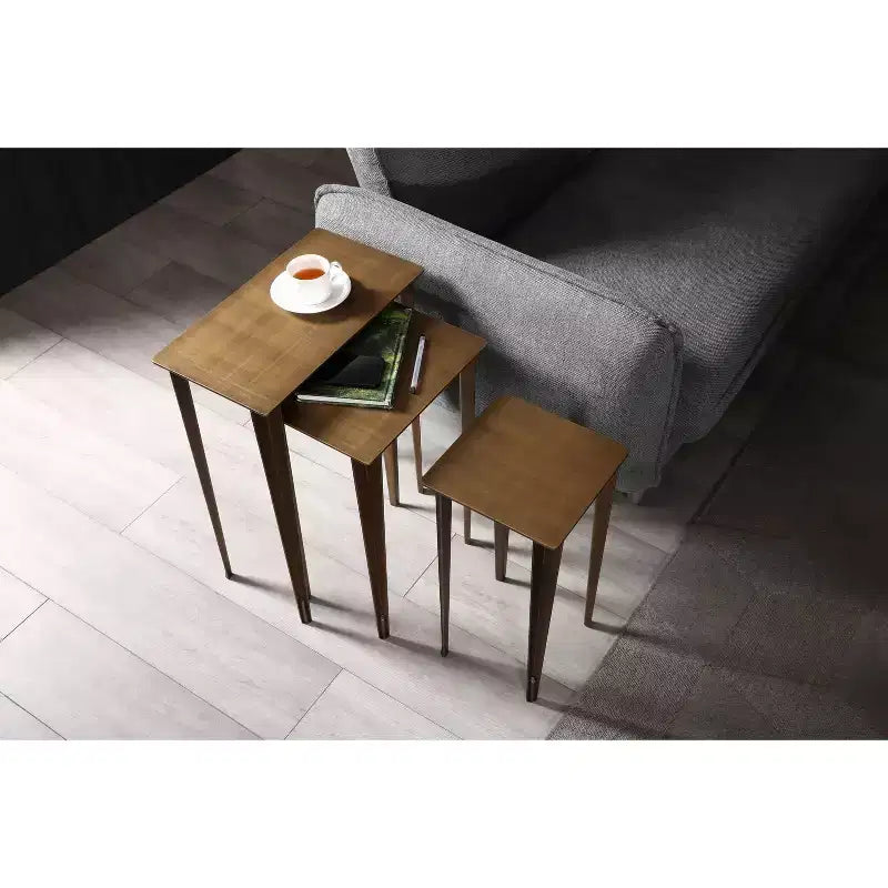 Table d'appoint gigogne Nia HomeStock, grand modèle, plateau en métal bronze brossé, piètement en métal bronze brossé et or