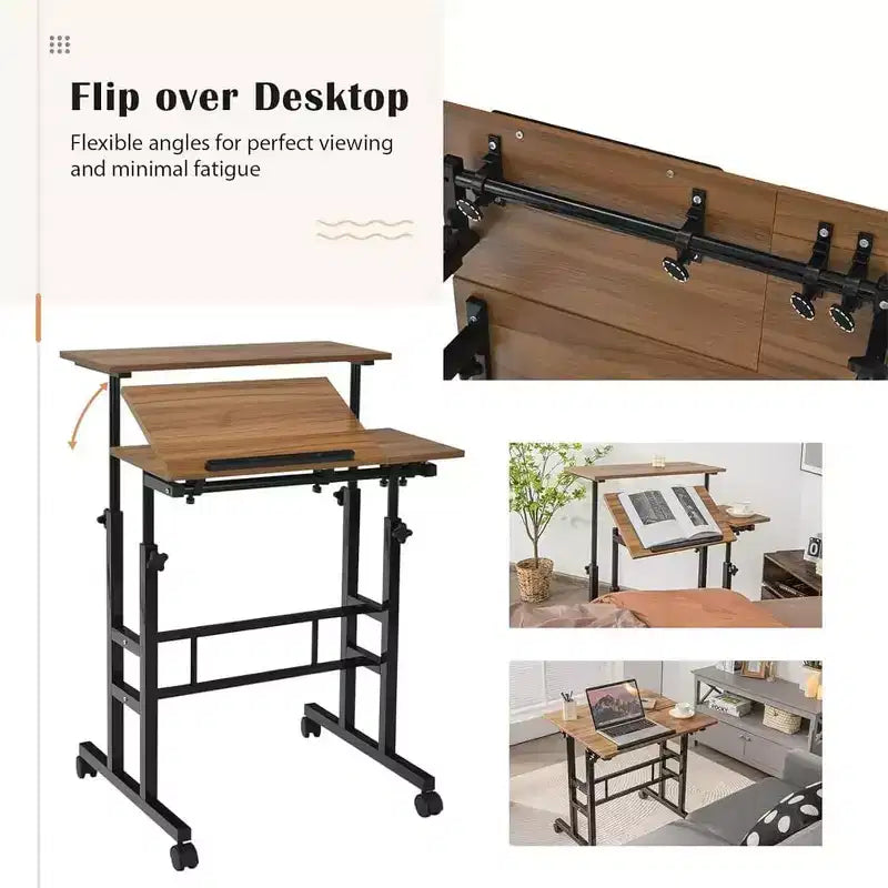 COZONY Petite table de bureau réglable, poste de travail mobile roulant avec roulettes, table d'ordinateur portable pour bureau à domicile, école, tapis de course