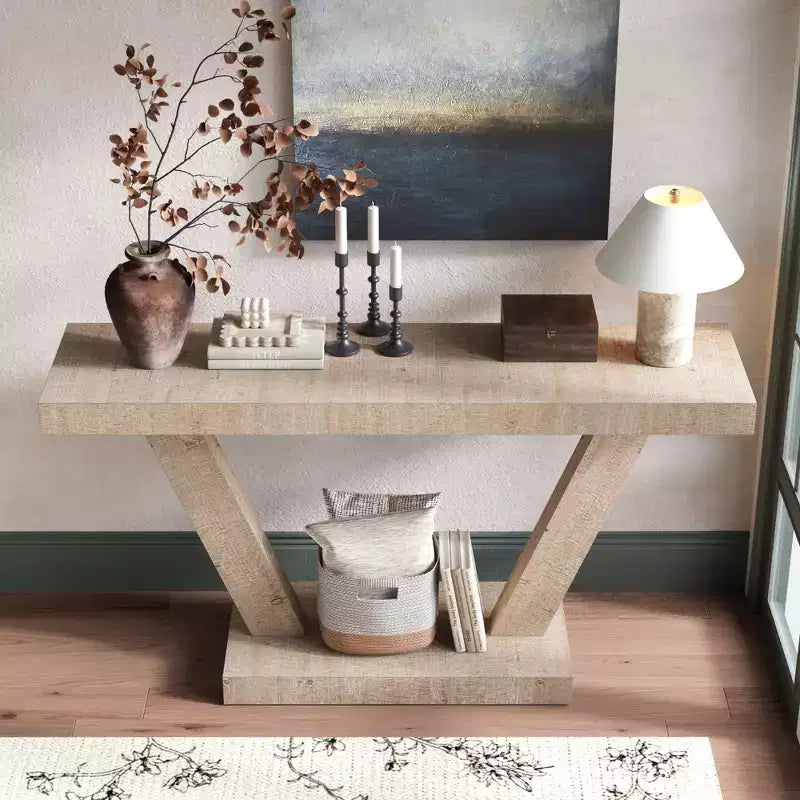 Console vintage Okak 60 pouces à 2 niveaux en placage de bois massif, table d'entrée avec pieds robustes et base épaisse, table de couloir pour salon