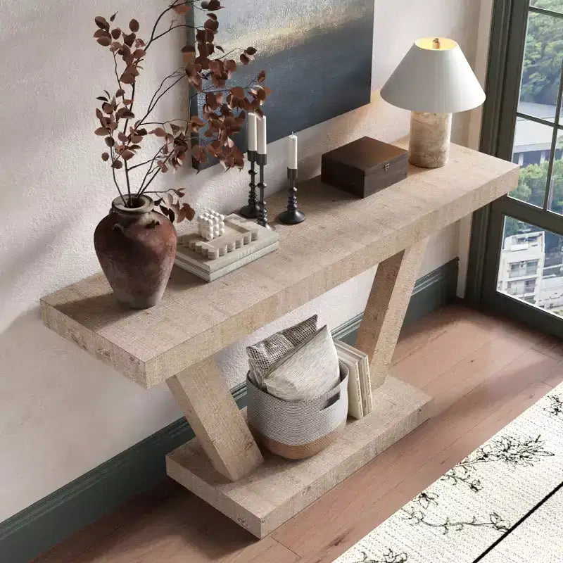 Console vintage Okak 60 pouces à 2 niveaux en placage de bois massif, table d'entrée avec pieds robustes et base épaisse, table de couloir pour salon