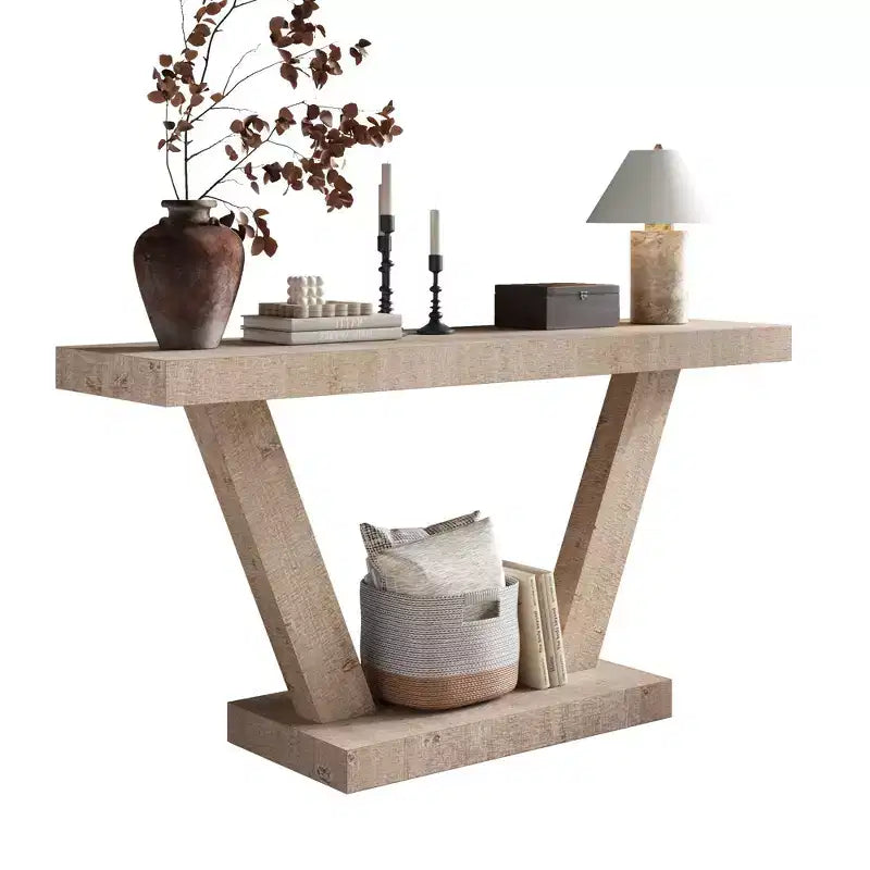 Console vintage Okak 60 pouces à 2 niveaux en placage de bois massif, table d'entrée avec pieds robustes et base épaisse, table de couloir pour salon