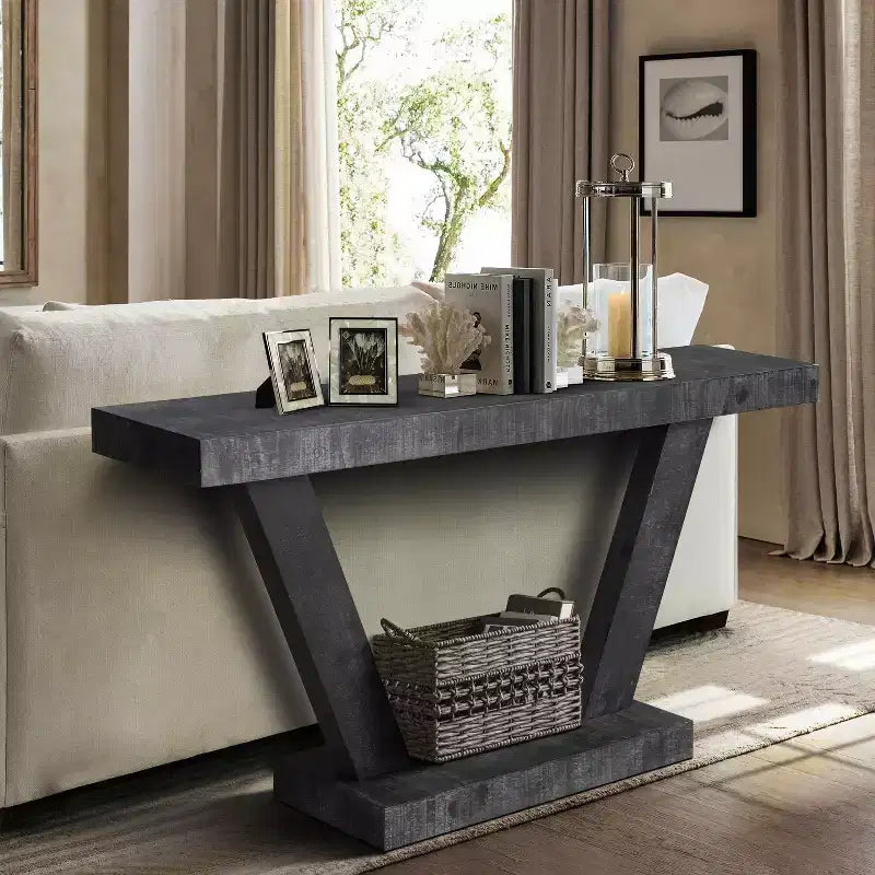 Console vintage Okak 60 pouces à 2 niveaux en placage de bois massif, table d'entrée avec pieds robustes et base épaisse, table de couloir pour salon