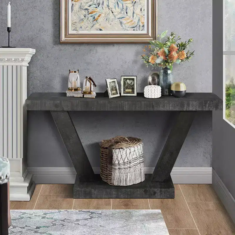 Console vintage Okak 60 pouces à 2 niveaux en placage de bois massif, table d'entrée avec pieds robustes et base épaisse, table de couloir pour salon