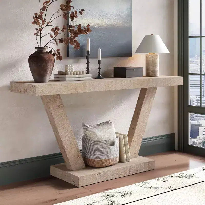 Console vintage Okak 60 pouces à 2 niveaux en placage de bois massif, table d'entrée avec pieds robustes et base épaisse, table de couloir pour salon