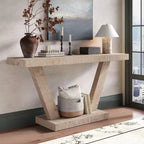 Console vintage Okak 60 pouces à 2 niveaux en placage de bois massif, table d'entrée avec pieds robustes et base épaisse, table de couloir pour salon
