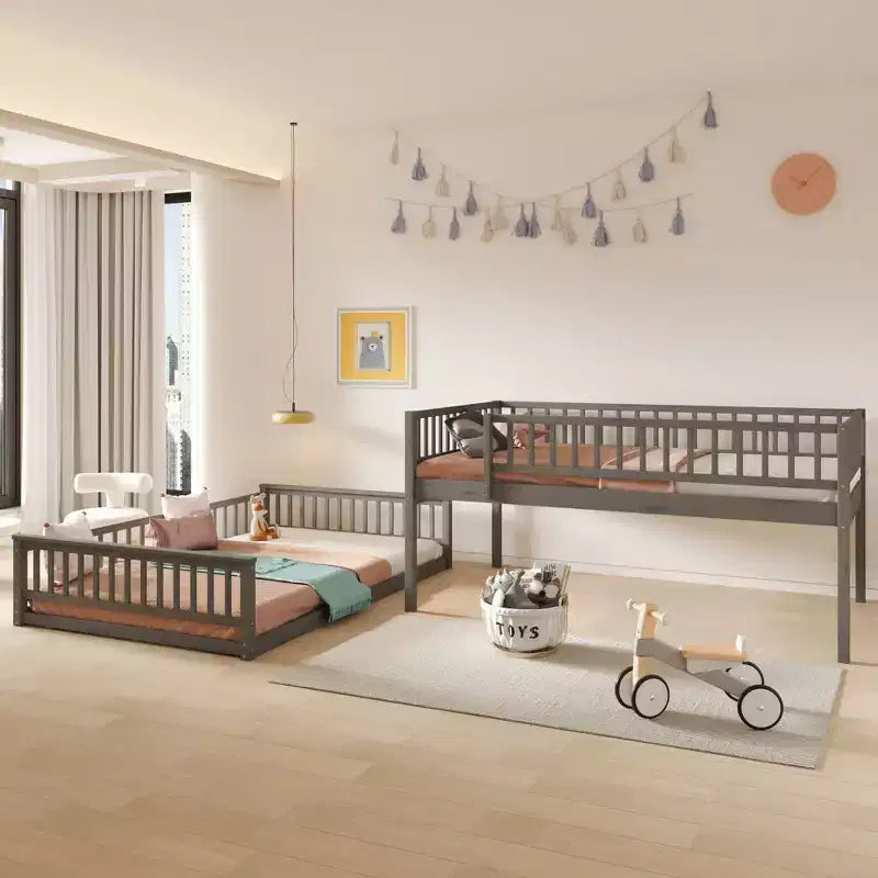 Lit superposé Okak en bois pleine grandeur, lits superposés pour enfants avec échelle et barrières de sécurité, lits superposés jumeaux pour enfants, adolescents