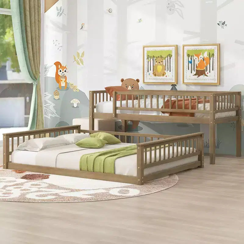 Lit superposé Okak en bois pleine grandeur, lits superposés pour enfants avec échelle et barrières de sécurité, lits superposés jumeaux pour enfants, adolescents