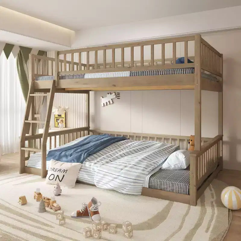 Lit superposé Okak en bois pleine grandeur, lits superposés pour enfants avec échelle et barrières de sécurité, lits superposés jumeaux pour enfants, adolescents