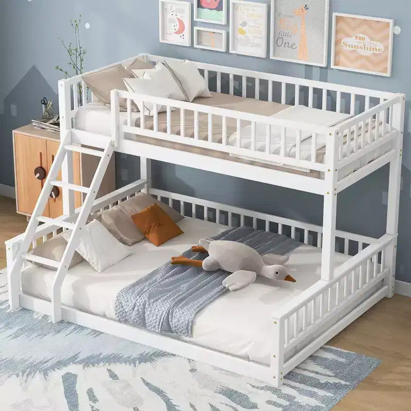 Lit superposé Okak en bois pleine grandeur, lits superposés pour enfants avec échelle et barrières de sécurité, lits superposés jumeaux pour enfants, adolescents