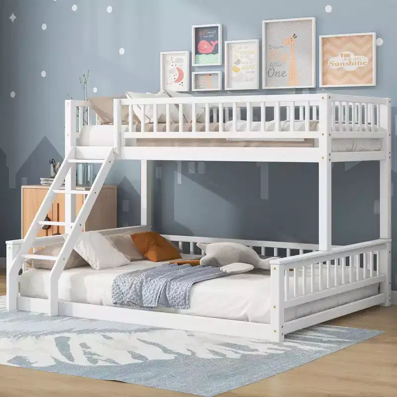 Lit superposé Okak en bois pleine grandeur, lits superposés pour enfants avec échelle et barrières de sécurité, lits superposés jumeaux pour enfants, adolescents