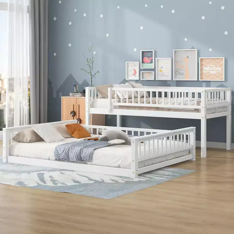 Lit superposé Okak en bois pleine grandeur, lits superposés pour enfants avec échelle et barrières de sécurité, lits superposés jumeaux pour enfants, adolescents