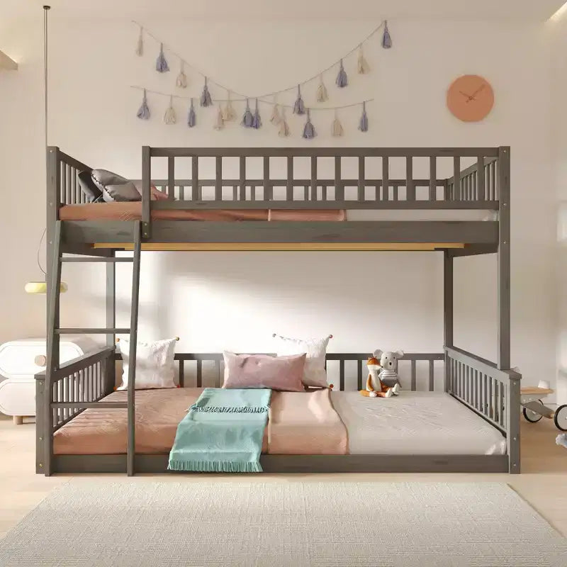 Lit superposé Okak en bois pleine grandeur, lits superposés pour enfants avec échelle et barrières de sécurité, lits superposés jumeaux pour enfants, adolescents