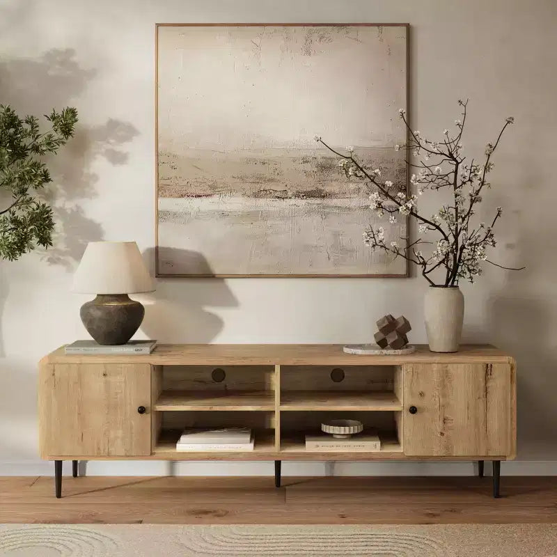 Meuble TV en chêne LuxenHome 71 po pour téléviseurs jusqu'à 75 po, centre de divertissement avec rangement, marron
