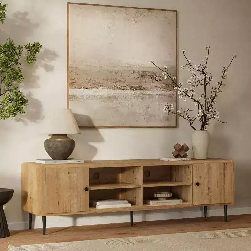 Meuble TV en chêne LuxenHome 71 po pour téléviseurs jusqu'à 75 po, centre de divertissement avec rangement, marron