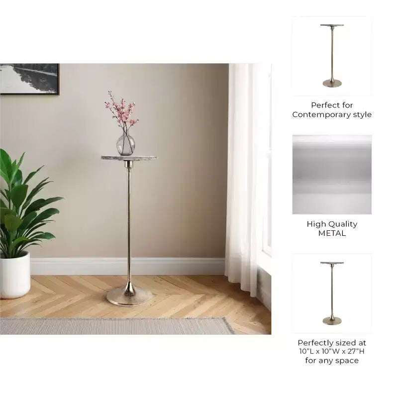 Table d'appoint élégante, table de chevet ou petite table de nuit pour la décoration intérieure - Table à boisson en métal mince avec plateau en marbre et base trompette