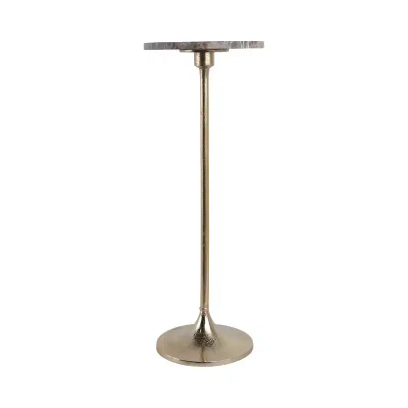 Table d'appoint élégante, table de chevet ou petite table de nuit pour la décoration intérieure - Table à boisson en métal mince avec plateau en marbre et base trompette