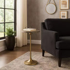 Table d'appoint élégante, table de chevet ou petite table de nuit pour la décoration intérieure - Table à boisson en métal mince avec plateau en marbre et base trompette
