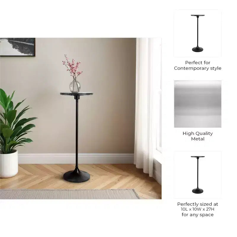 Table d'appoint élégante, table de chevet ou petite table de nuit pour la décoration intérieure - Table à boisson en métal mince avec plateau en marbre et base trompette