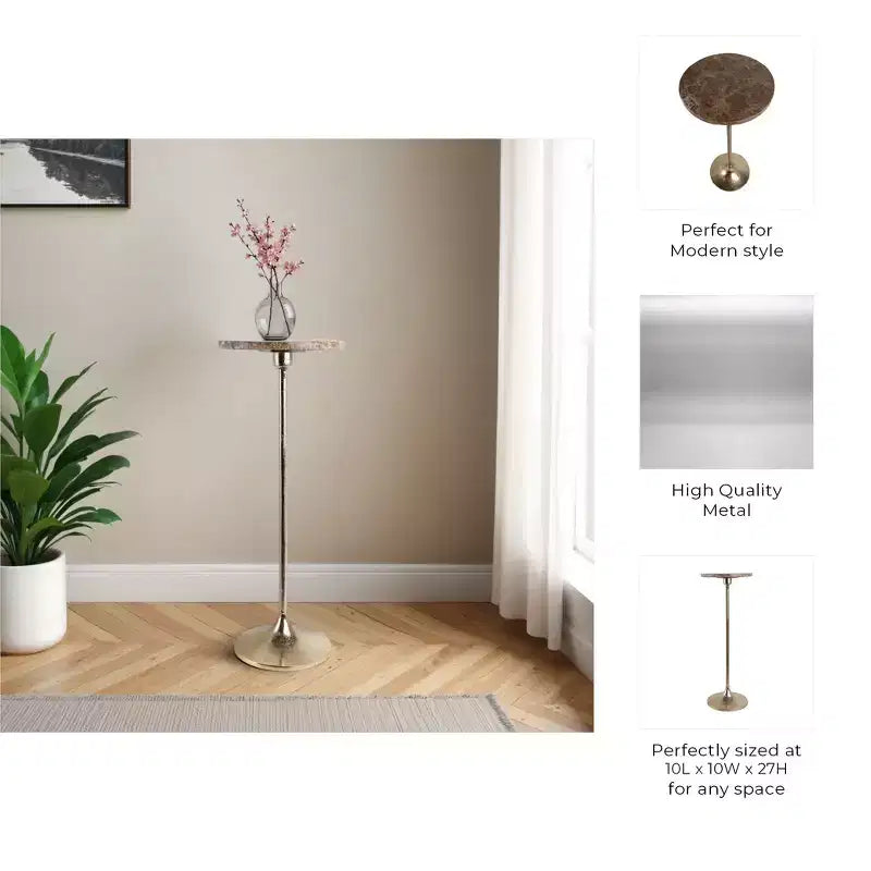 Table d'appoint élégante, table de chevet ou petite table de nuit pour la décoration intérieure - Table à boisson en métal mince avec plateau en marbre et base trompette