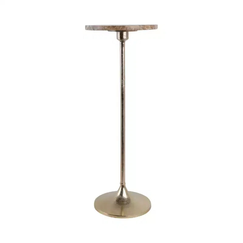 Table d'appoint élégante, table de chevet ou petite table de nuit pour la décoration intérieure - Table à boisson en métal mince avec plateau en marbre et base trompette