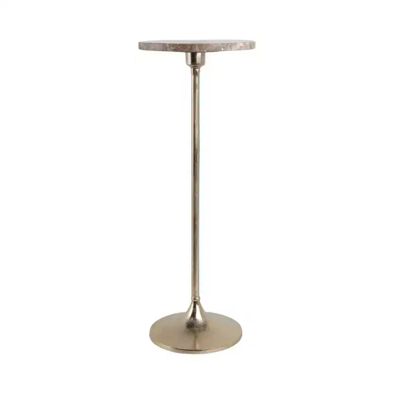 Table d'appoint élégante, table de chevet ou petite table de nuit pour la décoration intérieure - Table à boisson en métal mince avec plateau en marbre et base trompette