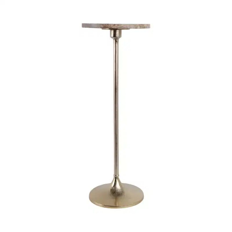 Table d'appoint élégante, table de chevet ou petite table de nuit pour la décoration intérieure - Table à boisson en métal mince avec plateau en marbre et base trompette
