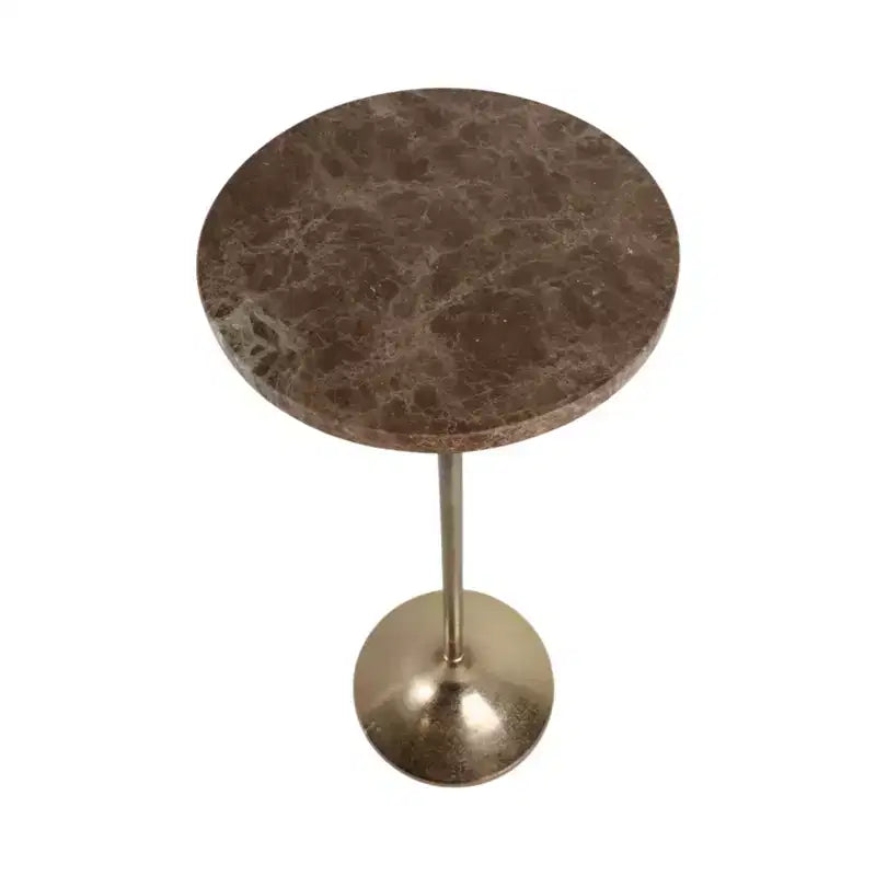 Table d'appoint élégante, table de chevet ou petite table de nuit pour la décoration intérieure - Table à boisson en métal mince avec plateau en marbre et base trompette