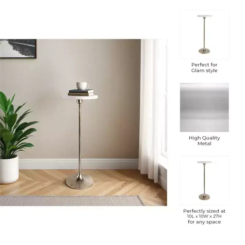Table d'appoint élégante, table de chevet ou petite table de nuit pour la décoration intérieure - Table à boisson en métal mince avec plateau en marbre et base trompette