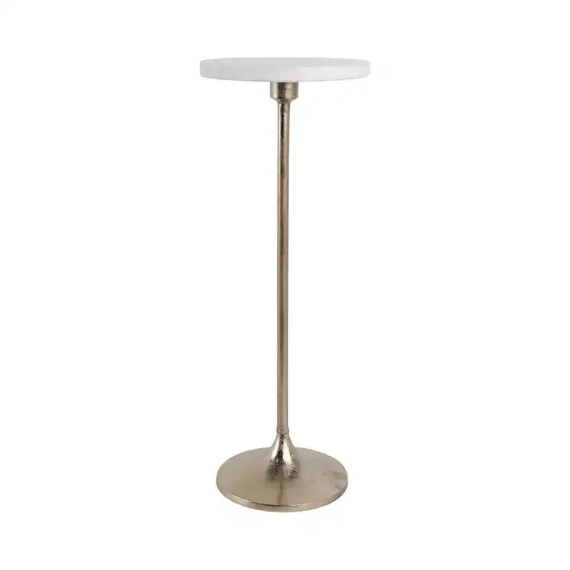 Table d'appoint élégante, table de chevet ou petite table de nuit pour la décoration intérieure - Table à boisson en métal mince avec plateau en marbre et base trompette