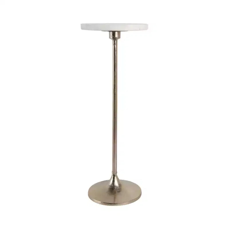 Table d'appoint élégante, table de chevet ou petite table de nuit pour la décoration intérieure - Table à boisson en métal mince avec plateau en marbre et base trompette