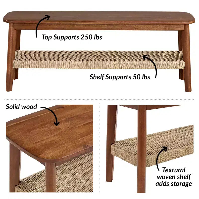 Banc Alaterre Calais de 122 cm en bois d'acacia, couleur châtaigne