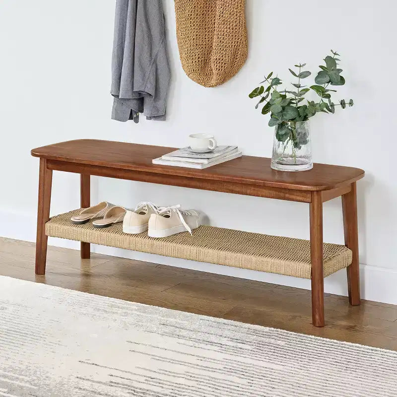 Banc Alaterre Calais de 122 cm en bois d'acacia, couleur châtaigne