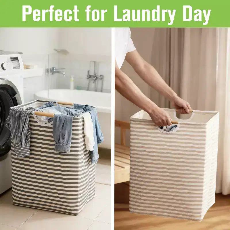 Garnen 2x Panier à Linge Pliant, Sac à Linge Pliable, Paniers à Linge Sale à Poignées en Bois, Organisateur de Bacs à Linge pour Chambre d'Enfant
