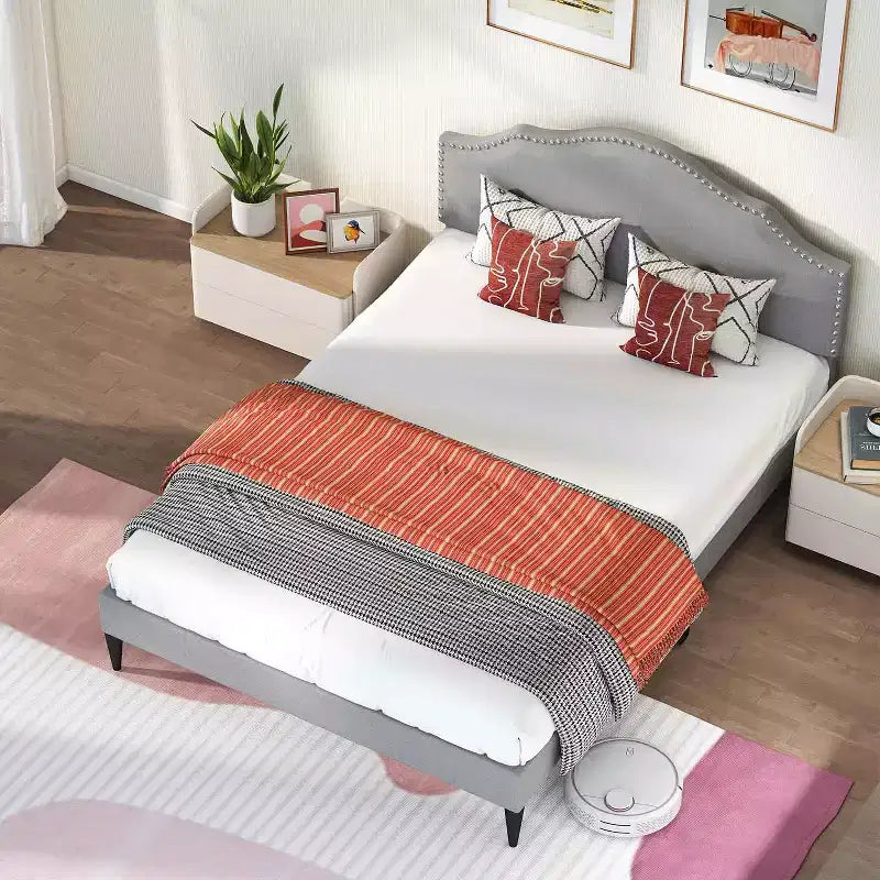 Cadre de lit plateforme rembourré BestMassage avec tête de lit, sommier tapissier en tissu, aucun sommier à ressorts requis