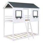 Lit superposé cabane jumeau sur jumeau avec toit et fenêtre, cadre de lit superposé en bois avec barrière de sécurité et échelle pour enfants et adolescents