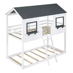 Lit superposé cabane jumeau sur jumeau avec toit et fenêtre, cadre de lit superposé en bois avec barrière de sécurité et échelle pour enfants et adolescents