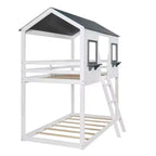 Lit superposé cabane jumeau sur jumeau avec toit et fenêtre, cadre de lit superposé en bois avec barrière de sécurité et échelle pour enfants et adolescents