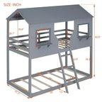 Lit superposé cabane jumeau sur jumeau avec toit et fenêtre, cadre de lit superposé en bois avec barrière de sécurité et échelle pour enfants et adolescents