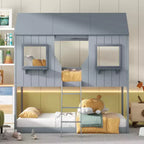 Lit superposé cabane jumeau sur jumeau avec toit et fenêtre, cadre de lit superposé en bois avec barrière de sécurité et échelle pour enfants et adolescents