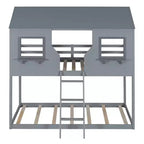 Lit superposé cabane jumeau sur jumeau avec toit et fenêtre, cadre de lit superposé en bois avec barrière de sécurité et échelle pour enfants et adolescents