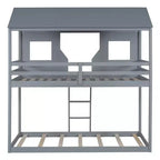 Lit superposé cabane jumeau sur jumeau avec toit et fenêtre, cadre de lit superposé en bois avec barrière de sécurité et échelle pour enfants et adolescents