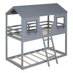 Lit superposé cabane jumeau sur jumeau avec toit et fenêtre, cadre de lit superposé en bois avec barrière de sécurité et échelle pour enfants et adolescents