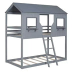 Lit superposé cabane jumeau sur jumeau avec toit et fenêtre, cadre de lit superposé en bois avec barrière de sécurité et échelle pour enfants et adolescents