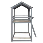 Lit superposé cabane jumeau sur jumeau avec toit et fenêtre, cadre de lit superposé en bois avec barrière de sécurité et échelle pour enfants et adolescents